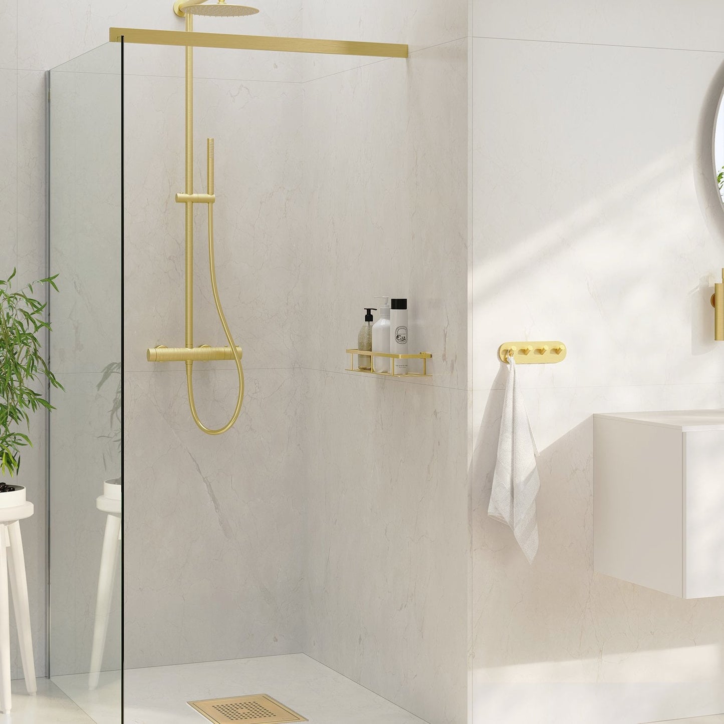 Smedbo Sideline DV3001S Brushed Brass Shower Basket in Wet Room — Full Brushed Brass Scheme with Rain Shower, Thermostatic Controls and Multi-Hook Rail on Marble-Effect Wall Panels