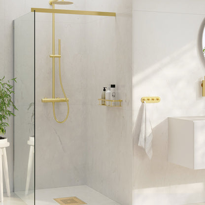 Smedbo Sideline DV3001S Brushed Brass Shower Basket in Wet Room — Full Brushed Brass Scheme with Rain Shower, Thermostatic Controls and Multi-Hook Rail on Marble-Effect Wall Panels