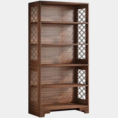 Classic 5-Tier Walnut Bookshelf - Traditional Library Display with Lattice Side Panels