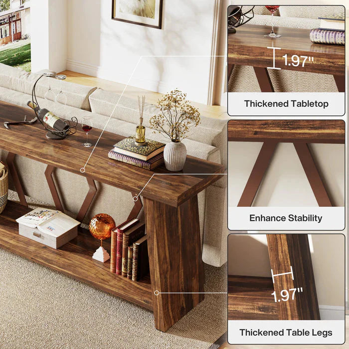 180cm Rustic Walnut Console Table - Entryway & Sofa Table with Geometric Accents