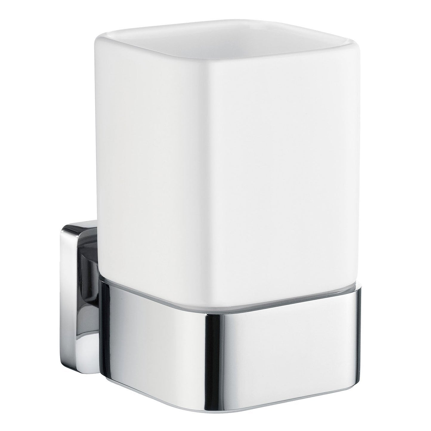 Modern wall-mounted white porcelain bathroom tumbler with chrome brass holder on a white background