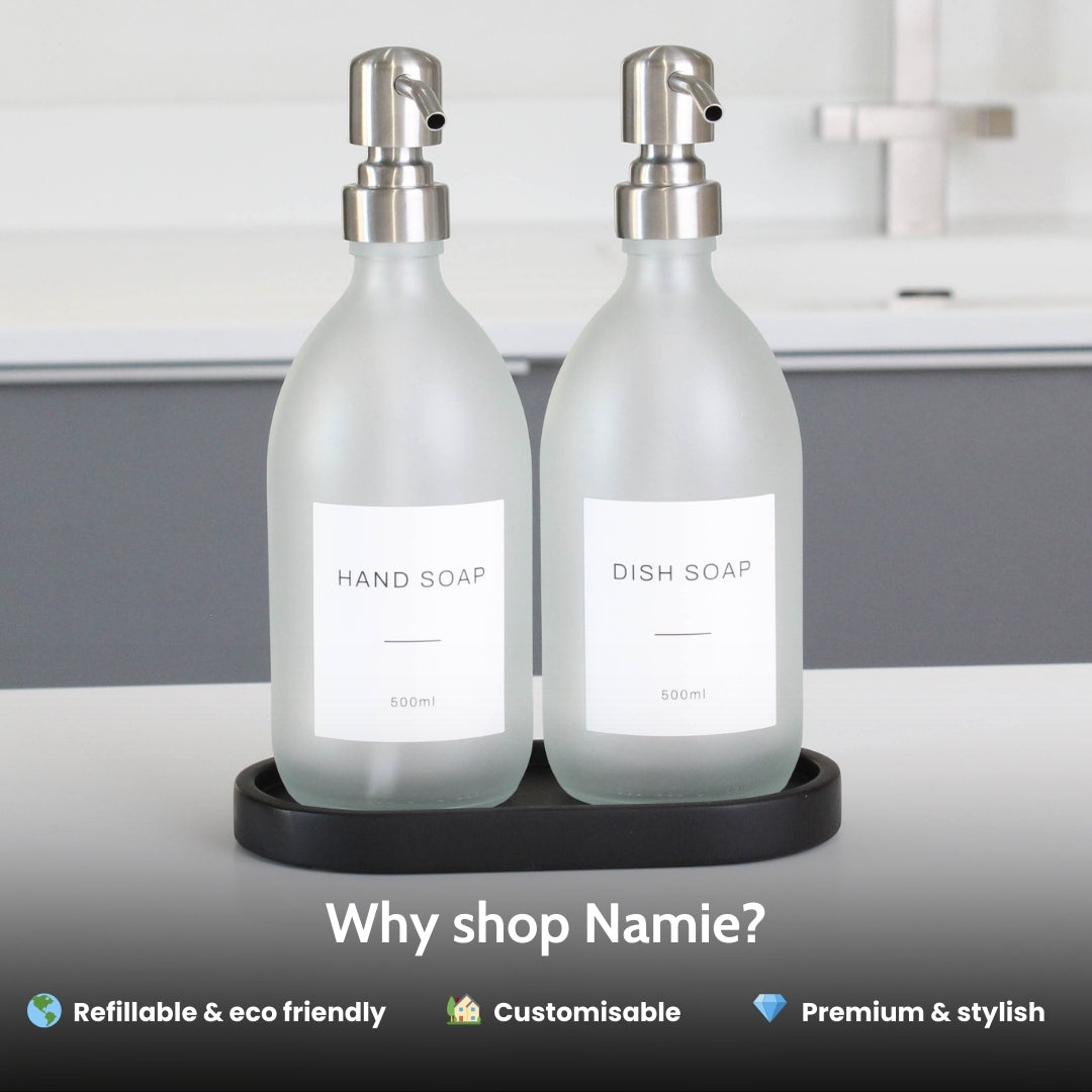 Frosted White Glass Soap Dispenser Set with Black Concrete Tray
