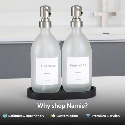 Frosted White Glass Soap Dispenser Set with Black Concrete Tray