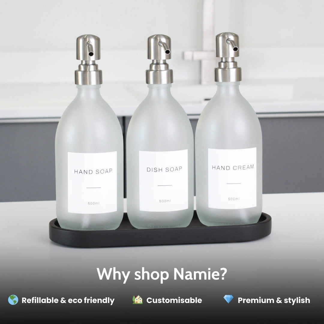 Namie Black Tray & Frosted White Dispenser Triple Set