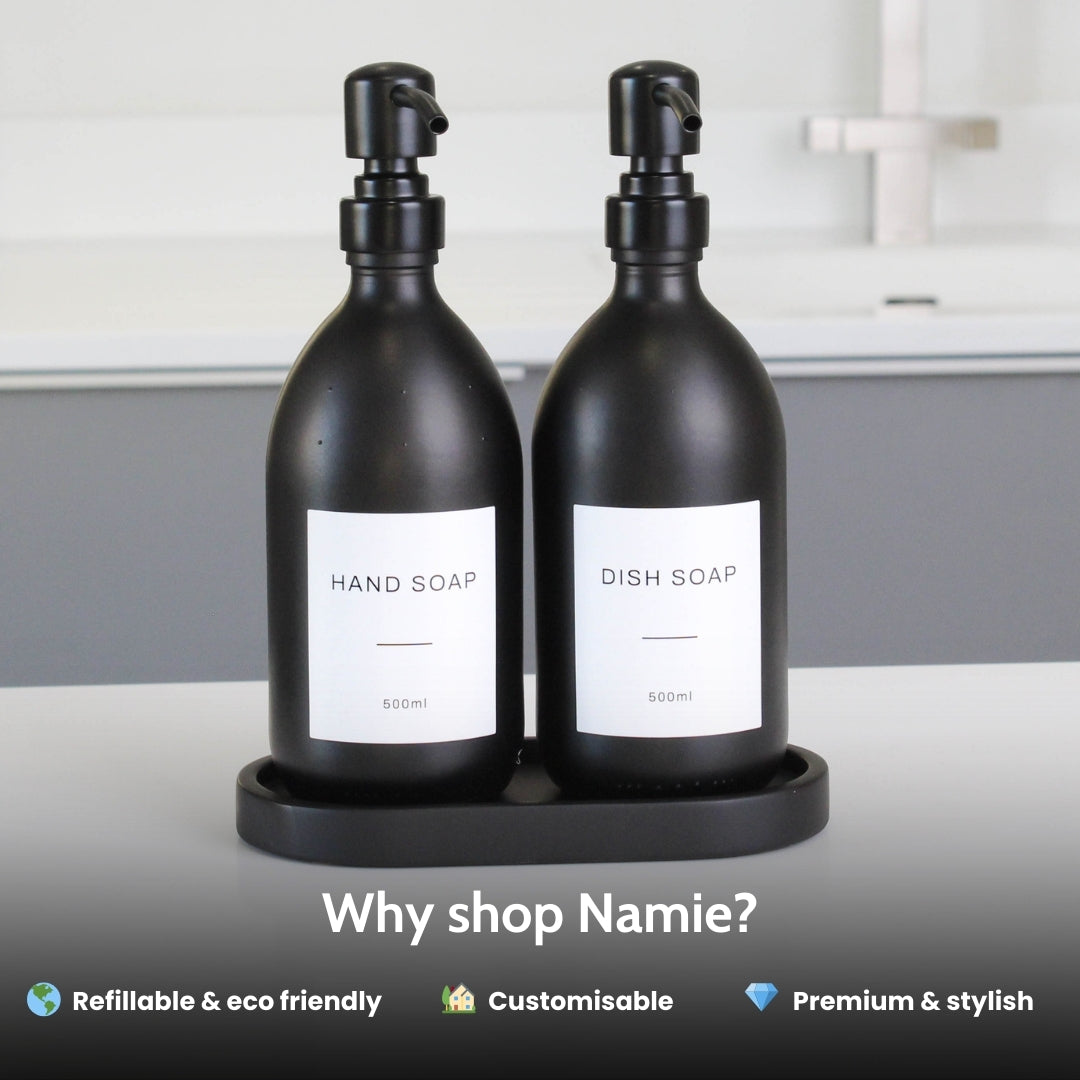 Namie Black Concrete Tray & Matte Black Glass Dispenser Double Set