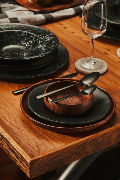 Close-up detail of the natural acacia wood grain