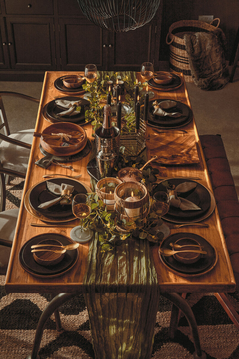 Acacia serving plate styled in a lifestyle dining setting