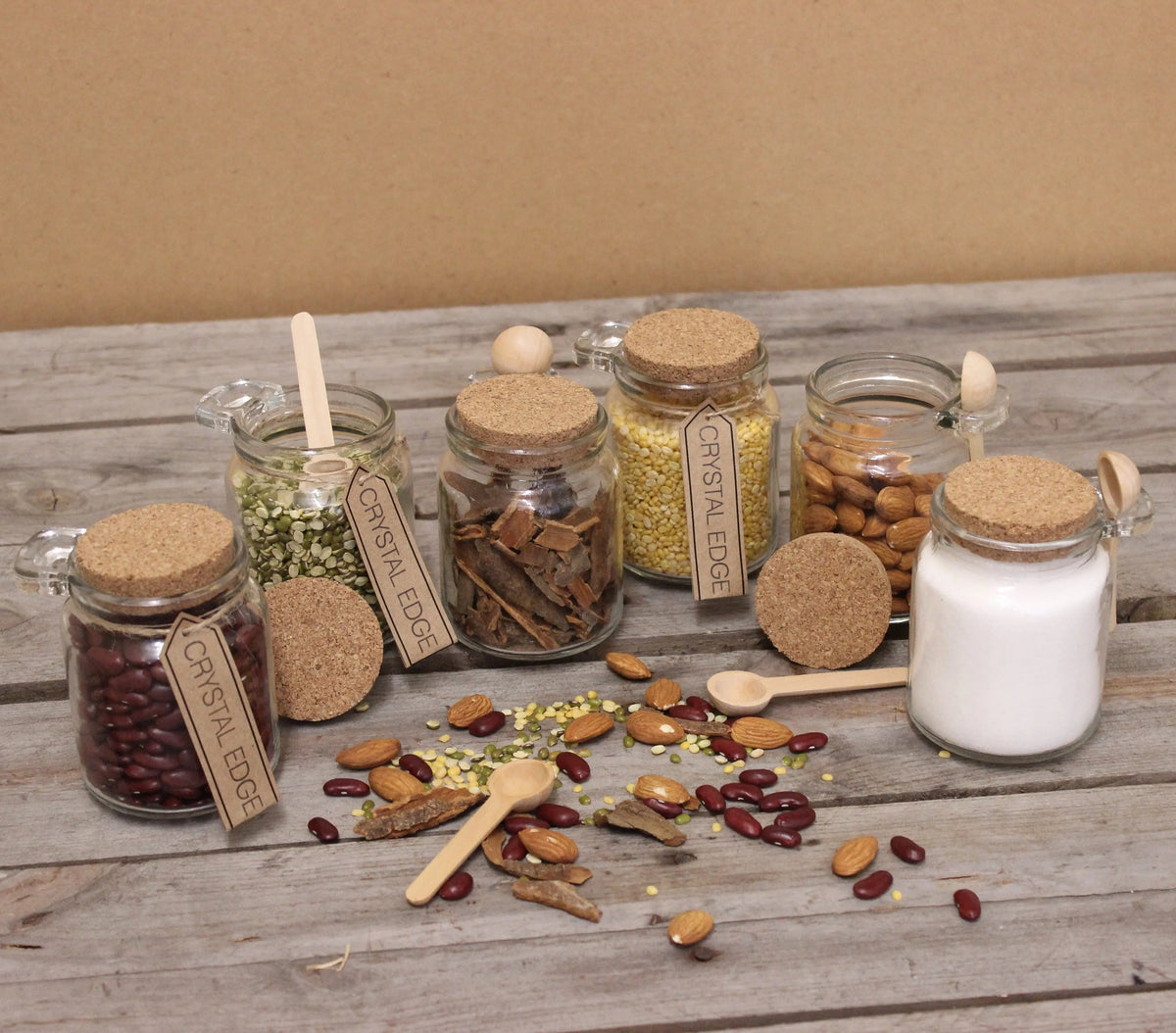 General Store Glass Spice Jars with Cork Lids and Spoons, Set of 6