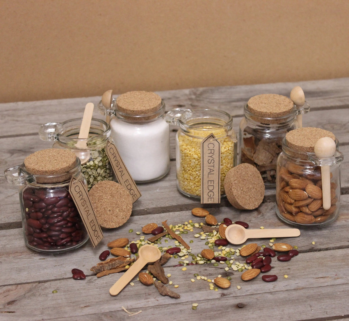General Store Glass Spice Jars with Cork Lids and Spoons, Set of 6
