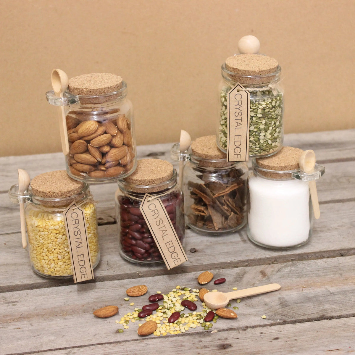 General Store Glass Spice Jars with Cork Lids and Spoons, Set of 6