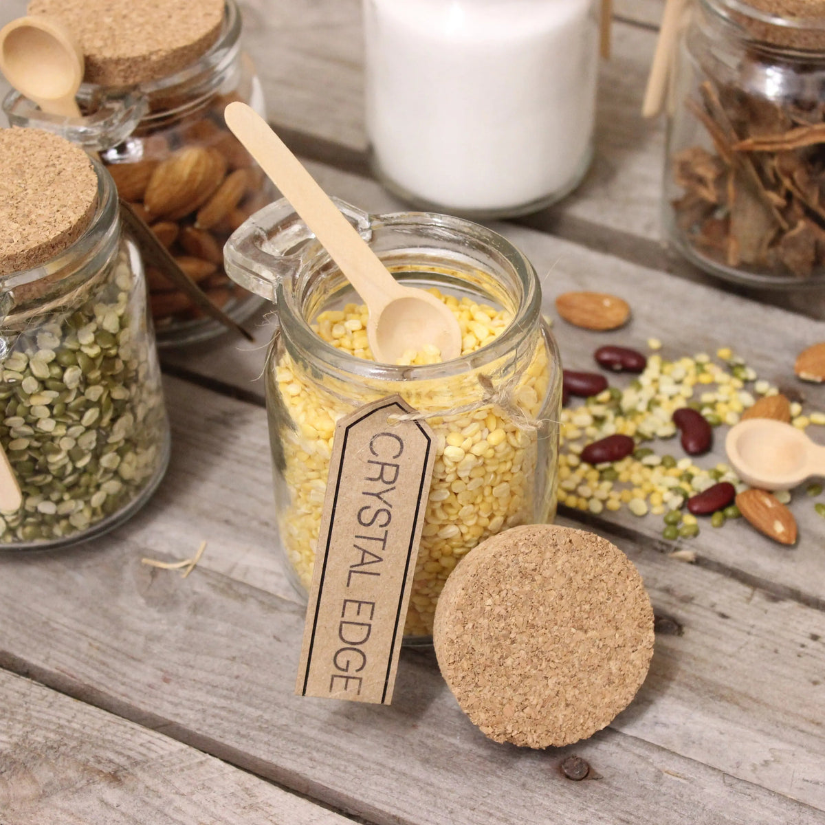 General Store Glass Spice Jars with Cork Lids and Spoons, Set of 6