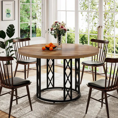 Industrial Round Dining Table - Rustic Wood Top with X-Frame Metal Pedestal