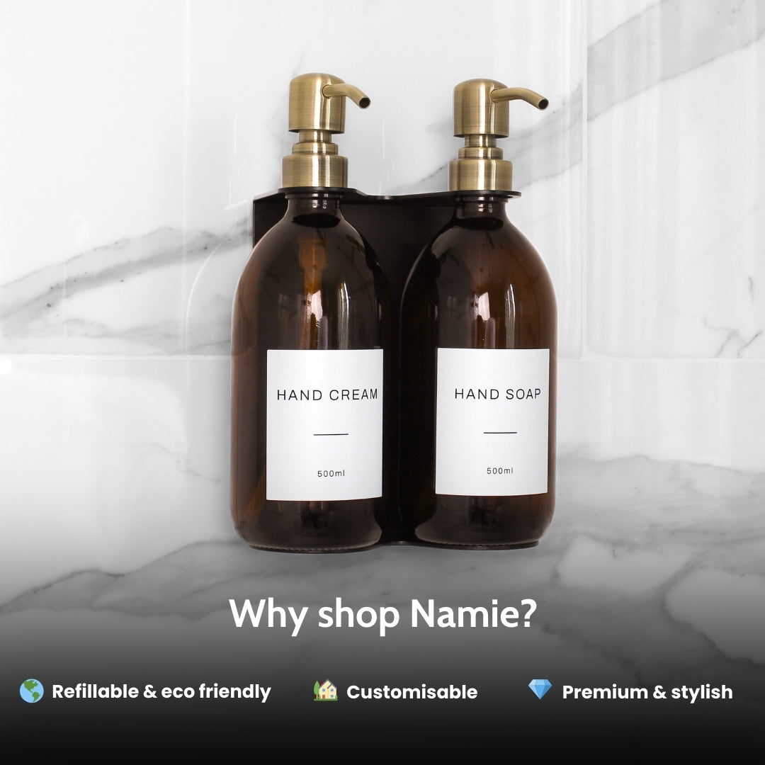 Namie Black Wall Bracket & Amber Glass Dispenser Set