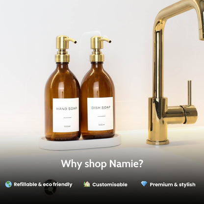 Namie Amber Glass Soap Dispenser Double Set with White Concrete Tray