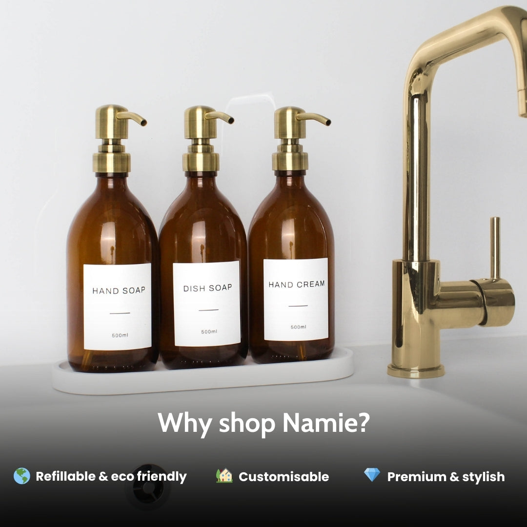 Namie Amber Glass Soap Dispenser Triple Set with White Concrete Tray