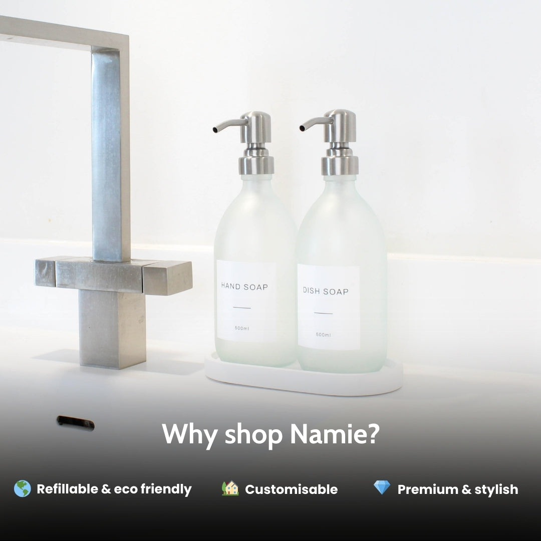 Frosted White Glass Soap Dispenser Set with Concrete Tray