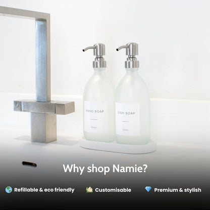 Frosted White Glass Soap Dispenser Set with Concrete Tray