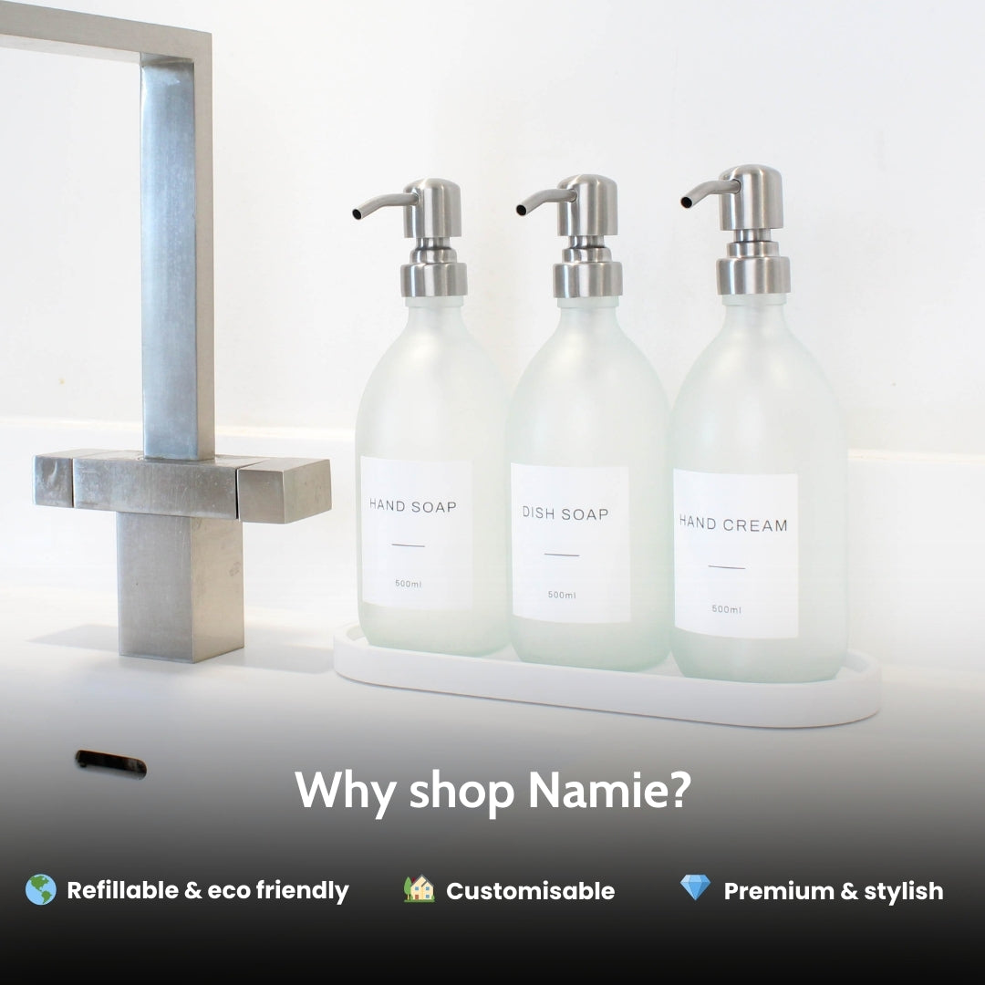 Namie Frosted White Glass Soap Dispenser Triple Set with White Concrete Tray