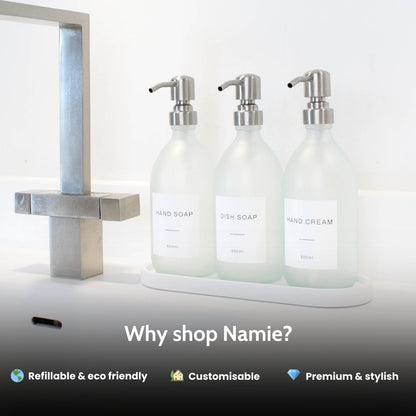 Namie Frosted White Glass Soap Dispenser Triple Set with White Concrete Tray