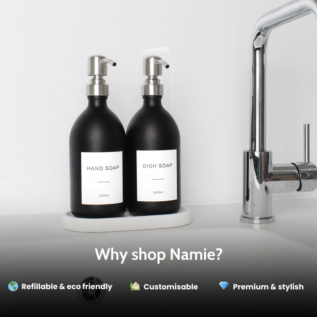 Namie Matte Black Glass Soap Dispenser Double Set with White Concrete Tray