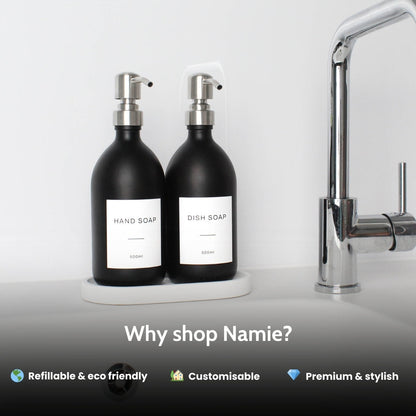 Namie Matte Black Glass Soap Dispenser Double Set with White Concrete Tray
