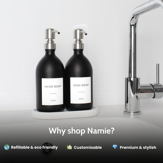 Namie Matte Black Glass Soap Dispenser Double Set with White Concrete Tray