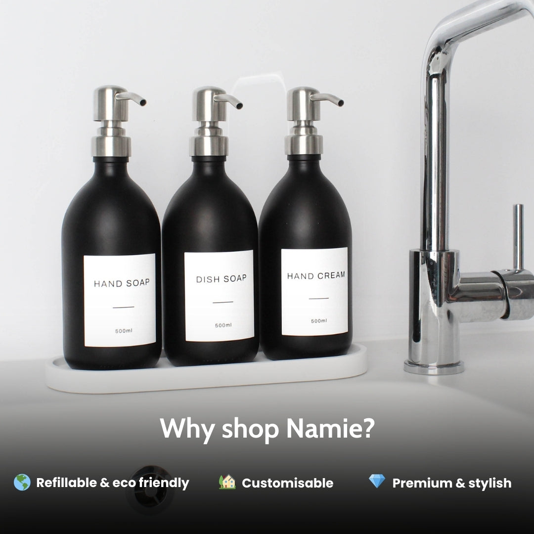 Namie Matte Black Glass Soap Dispenser Triple Set with White Concrete Tray