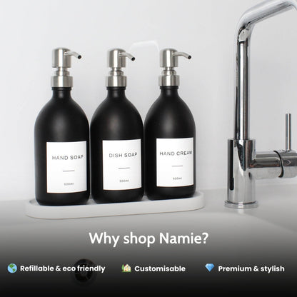 Namie Matte Black Glass Soap Dispenser Triple Set with White Concrete Tray