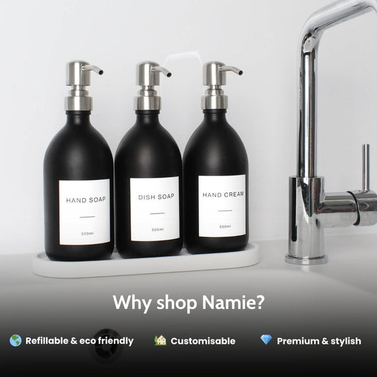 Namie Matte Black Glass Soap Dispenser Triple Set with White Concrete Tray