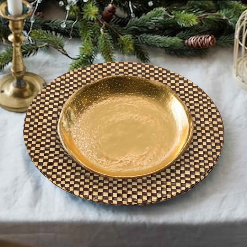 Black and natural charger plate shown from above with woven pattern visible