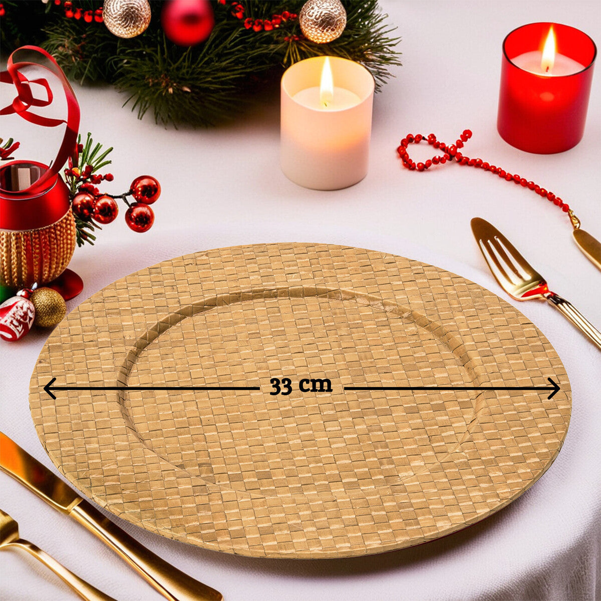 Natural pandanus charger plate used as a decorative centrepiece with candles