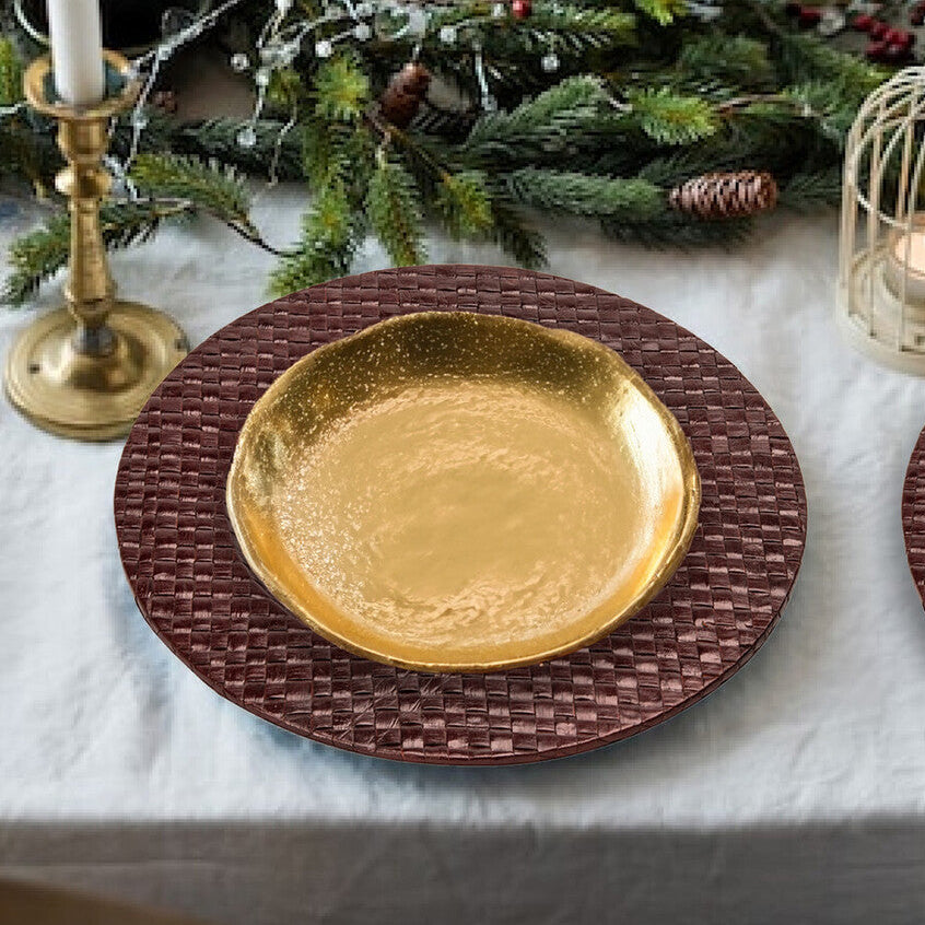 Brown pandanus charger plate shown from above with woven texture visible
