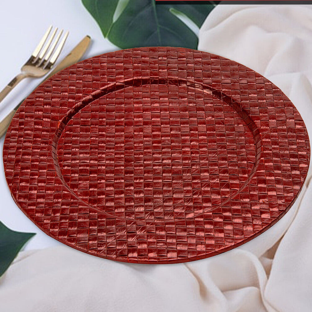 Red pandanus charger plate shown from above with woven texture visible