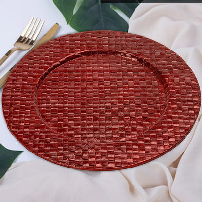 Red pandanus charger plate shown from above with woven texture visible