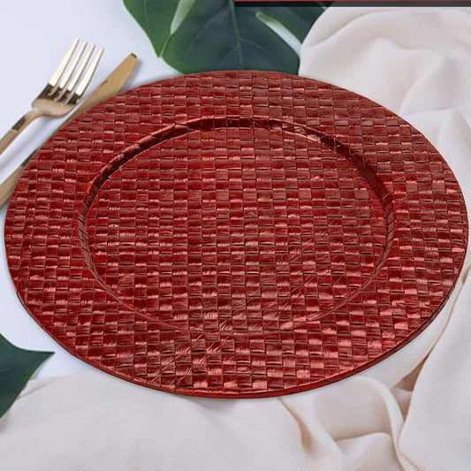 Red pandanus charger plate shown from above with woven texture visible