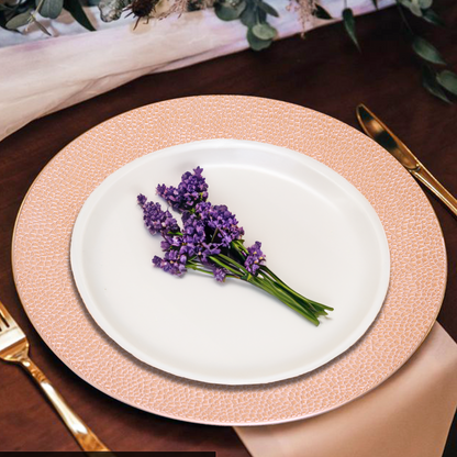 Rose gold charger plate shown from above with pebble-effect texture