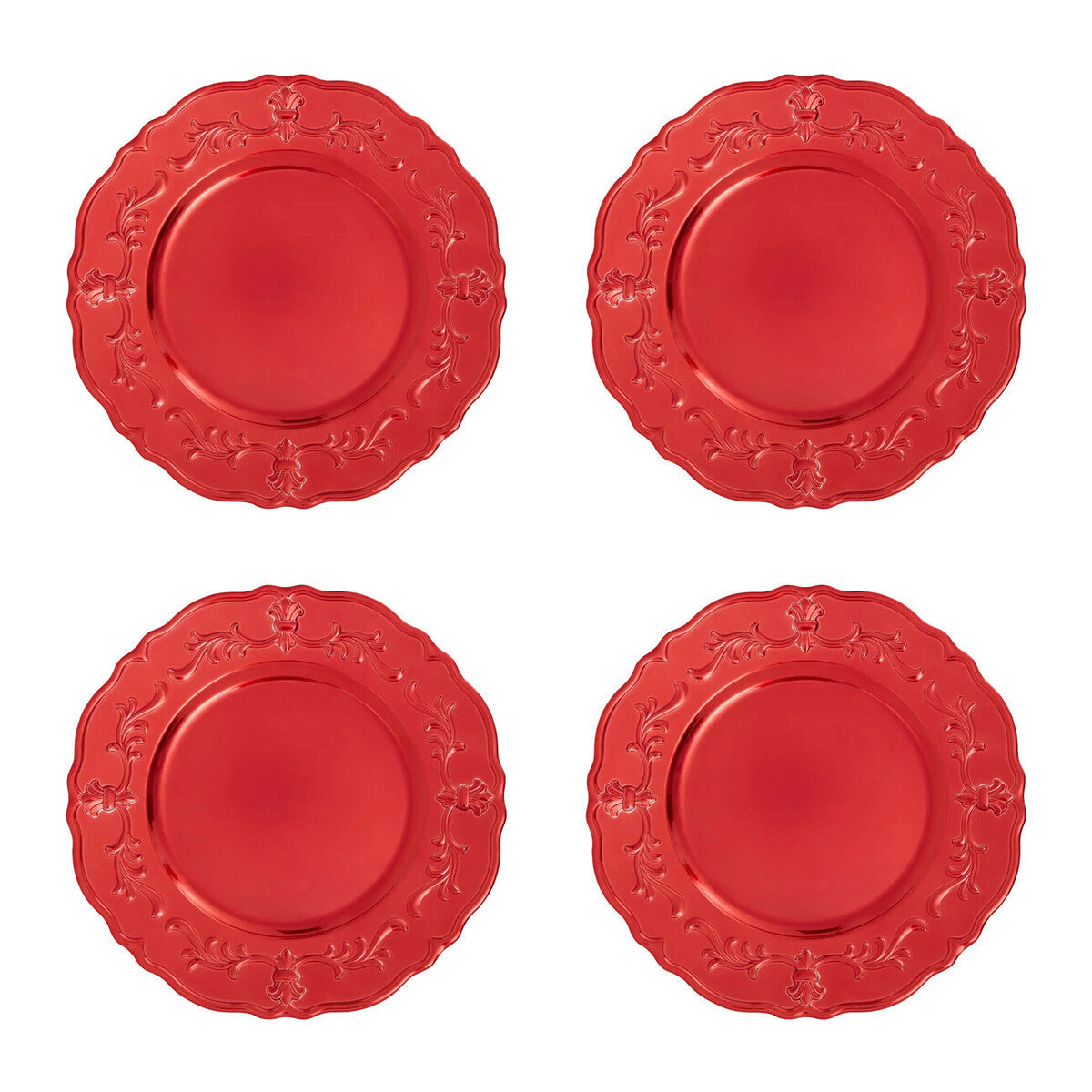 Close-up detail of the scalloped border on the red baroque charger plate