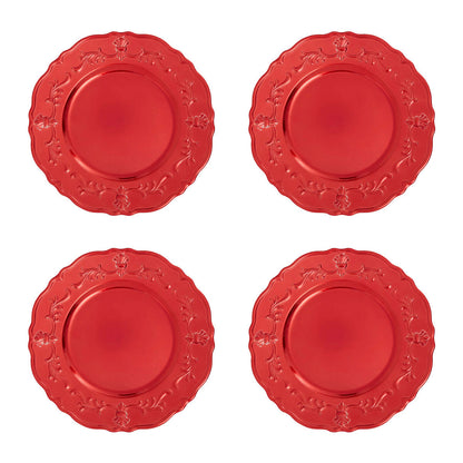 Close-up detail of the scalloped border on the red baroque charger plate