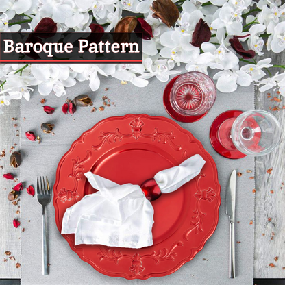 Red baroque charger plate styled with tableware for a festive dinner