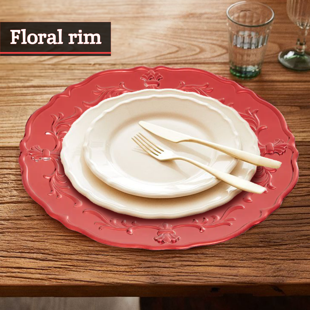 Side view of the red baroque charger plate