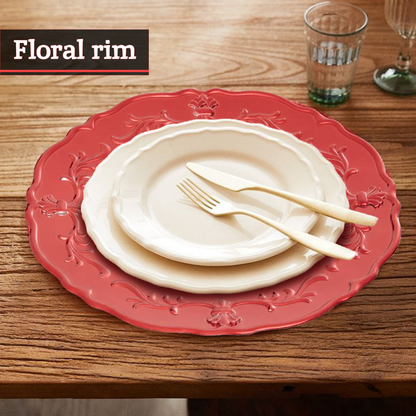 Side view of the red baroque charger plate