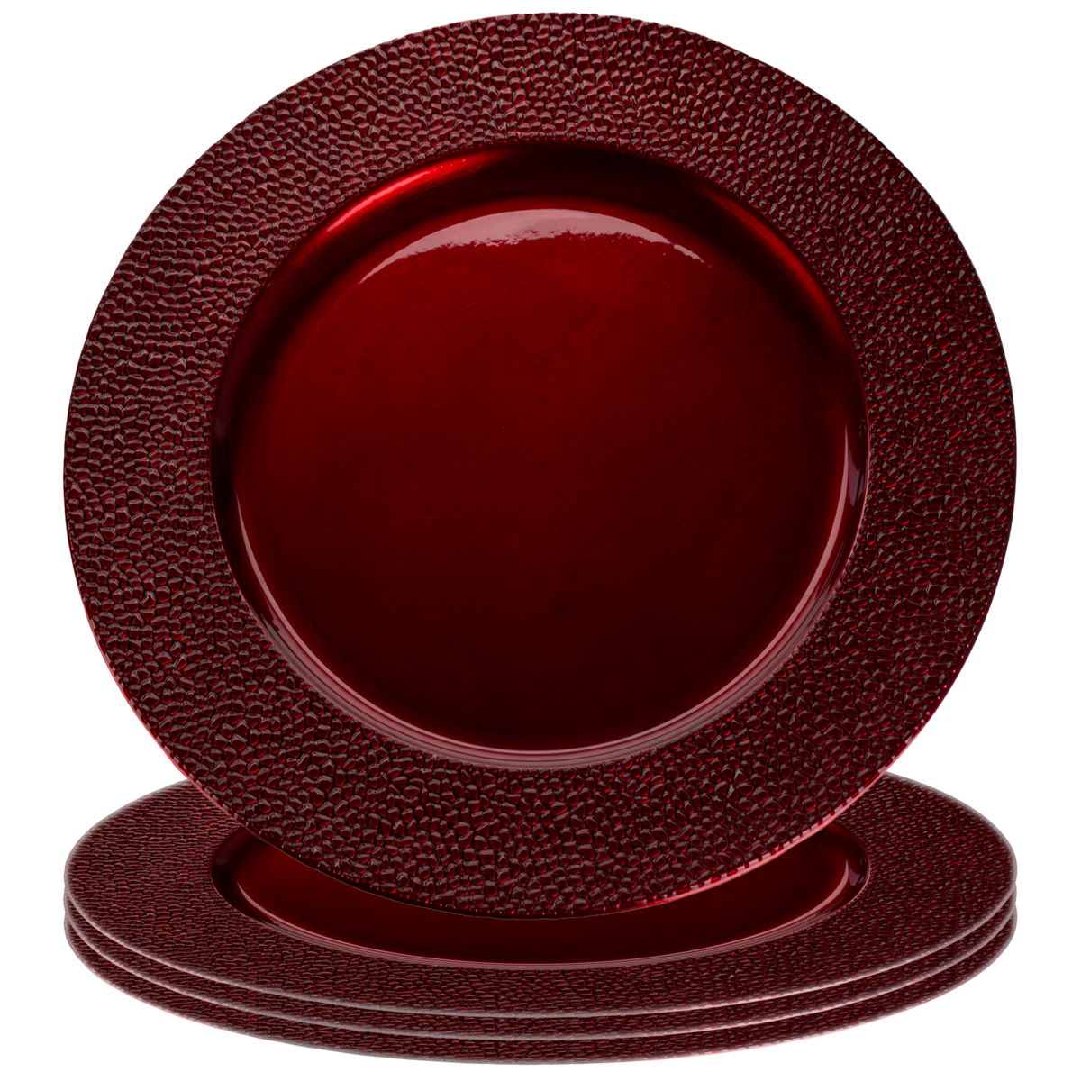 Red pebble effect charger plate styled on a dining table