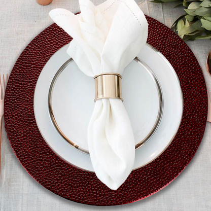 Red pebble effect charger plate shown from above