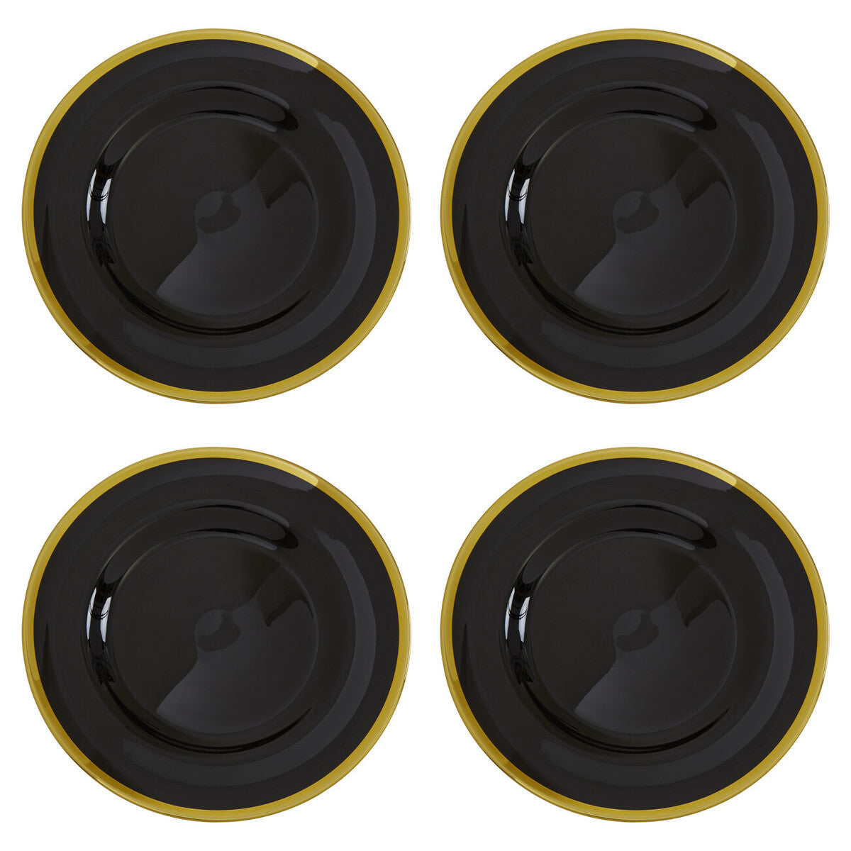 Black glass charger plates stacked showing the gold edge