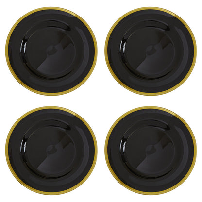 Black glass charger plates stacked showing the gold edge