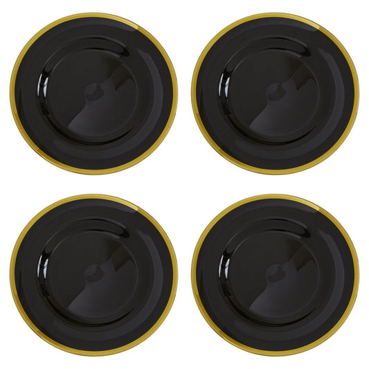 Black glass charger plates stacked showing the gold edge