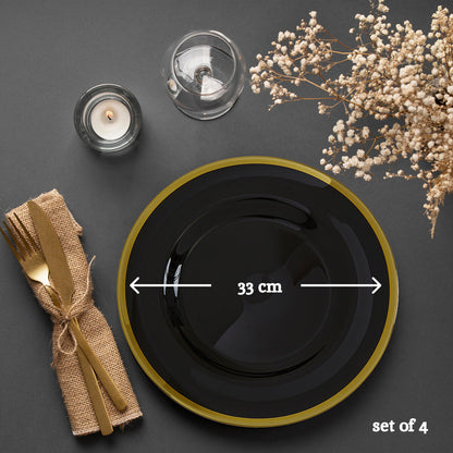 Ida Set of Four Black Glass Charger Plates with Gold Rim, 33cm