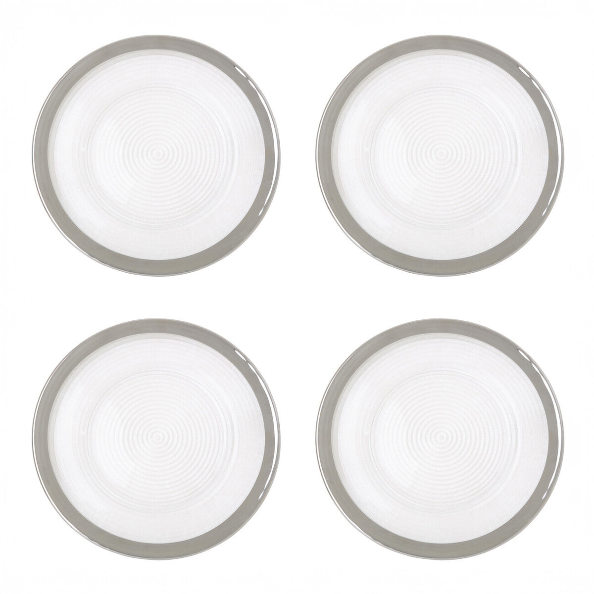 Clear glass charger plates stacked showing the embossed spiral texture