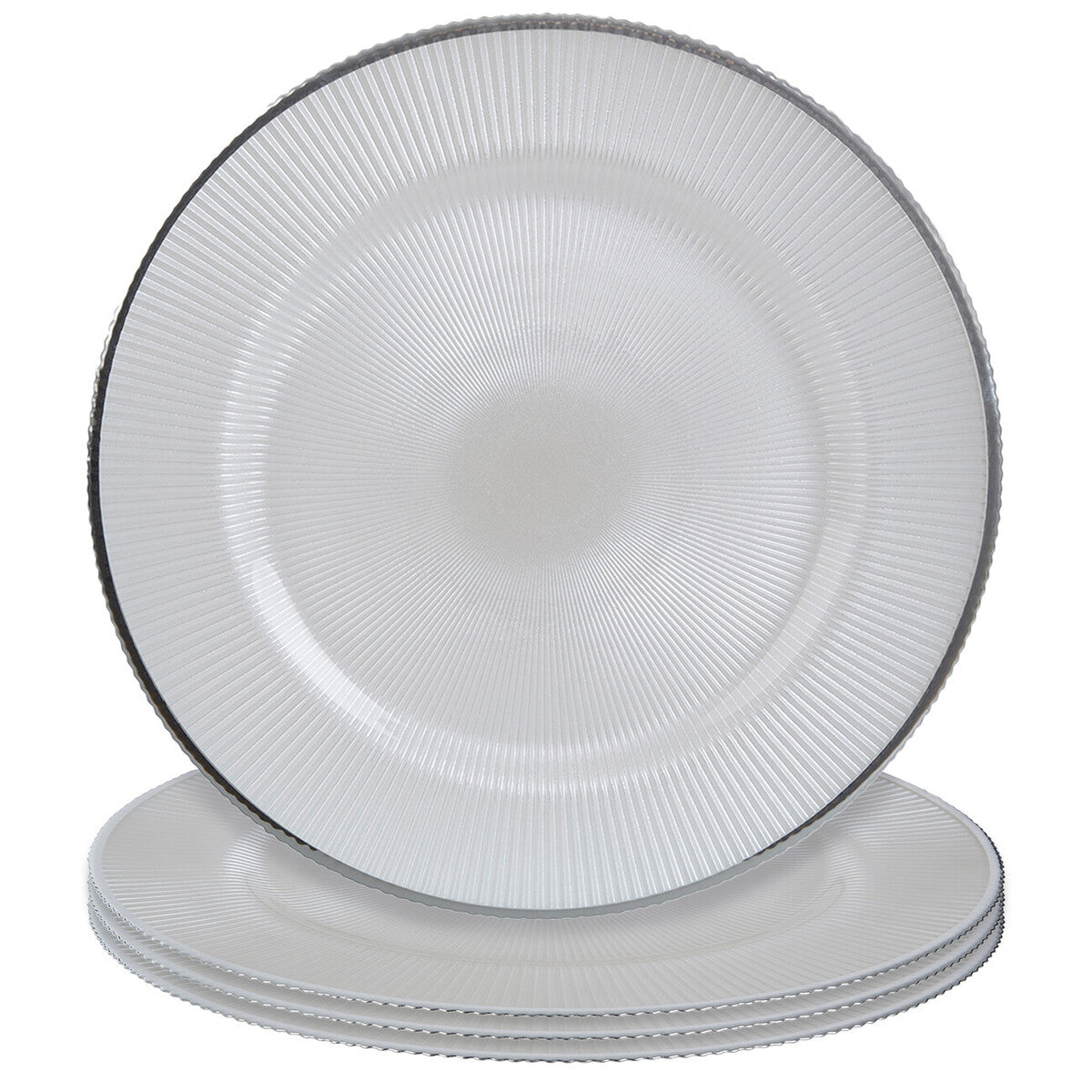 Close-up detail of the silver rim on a white glass charger plate