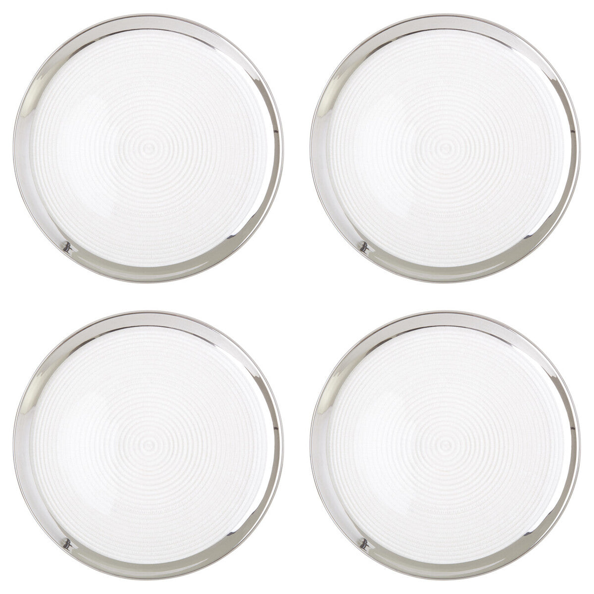 Glass coupe charger plates stacked showing the raised profile
